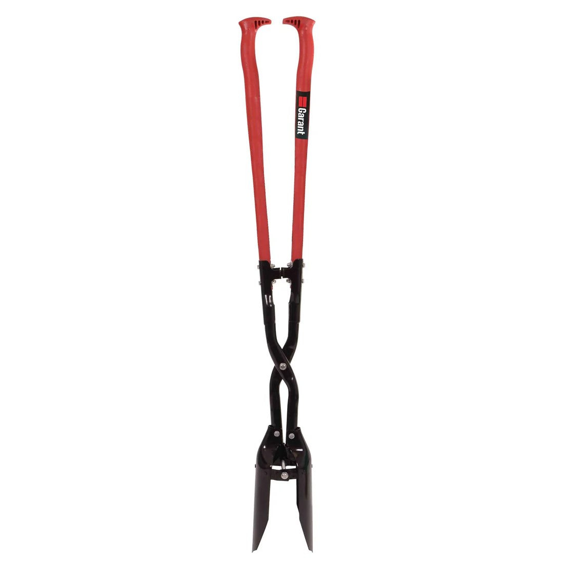 Black and red post hole digging tool on a white background