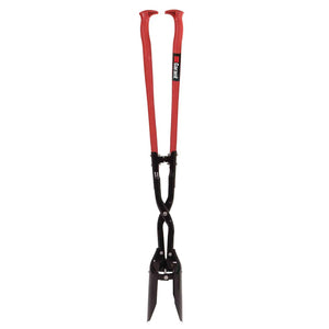 Black and red post hole digging tool on a white background
