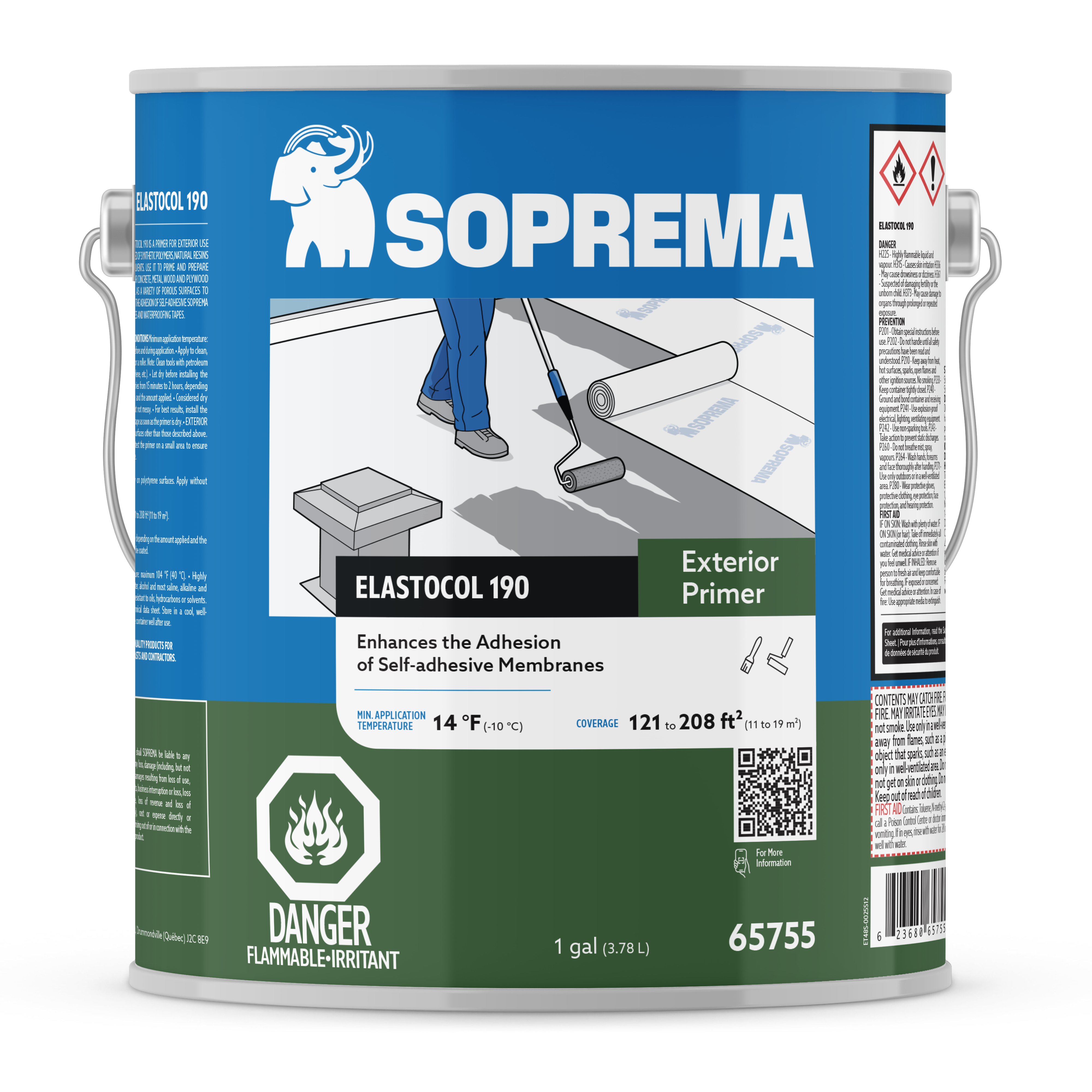 A 3.78L can of Resisto Solutions Resisto Exterior Primer with a blue and green label, featuring a person applying this synthetic polymer-based primer with a roller to improve adhesion of self-adhesive membranes.