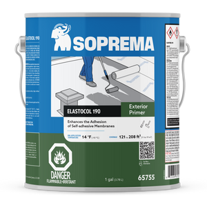 A 3.78L can of Resisto Solutions Resisto Exterior Primer with a blue and green label, featuring a person applying this synthetic polymer-based primer with a roller to improve adhesion of self-adhesive membranes.