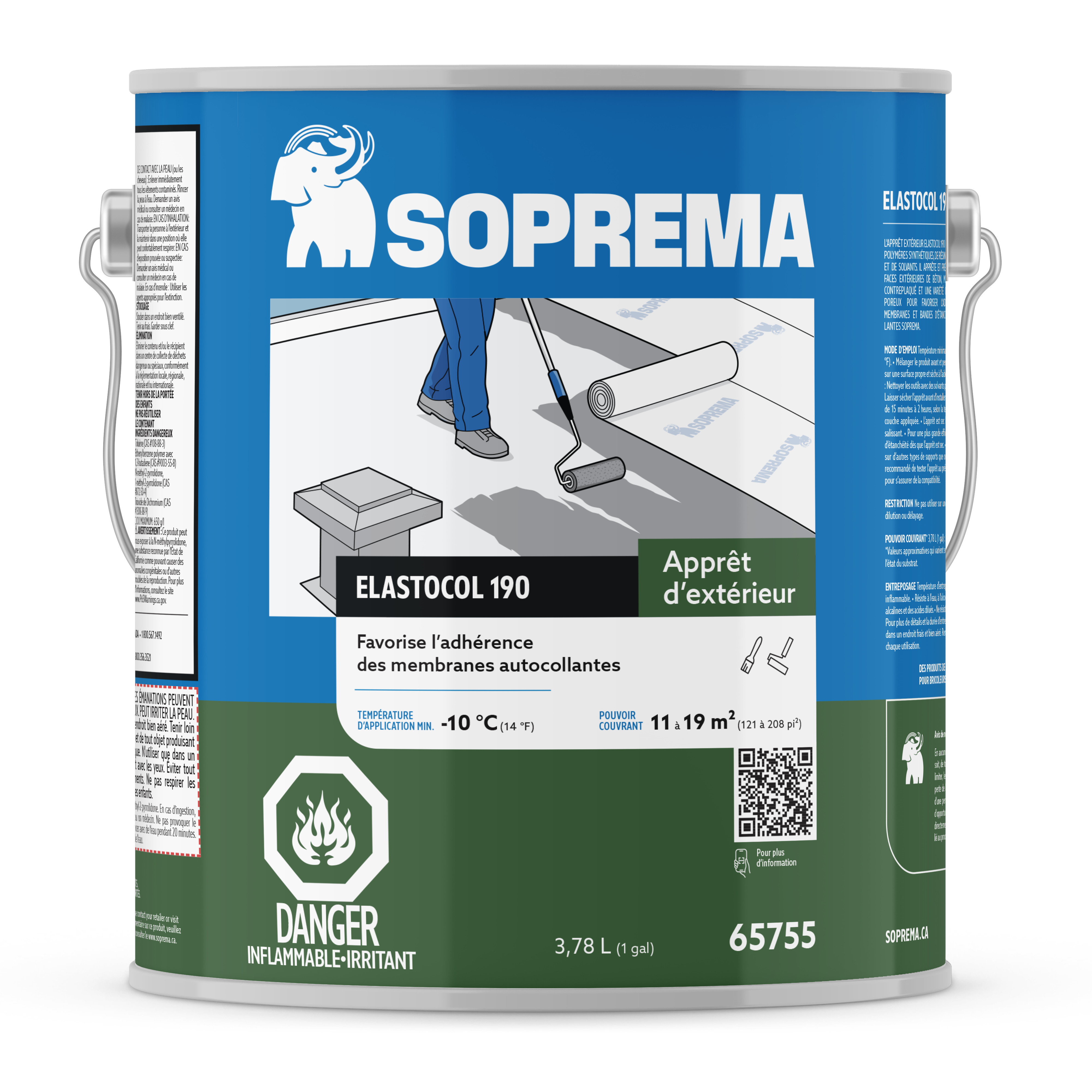 A 3.78L can of Resisto Solutions Resisto Exterior Primer, featuring blue, green, and white labeling with safety symbols, application illustration, and bilingual product details in French and English.