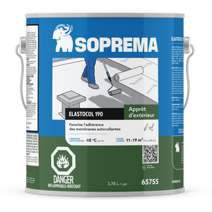 A 3.78L can of Resisto Solutions Resisto Exterior Primer, featuring blue, green, and white labeling with safety symbols, application illustration, and bilingual product details in French and English.