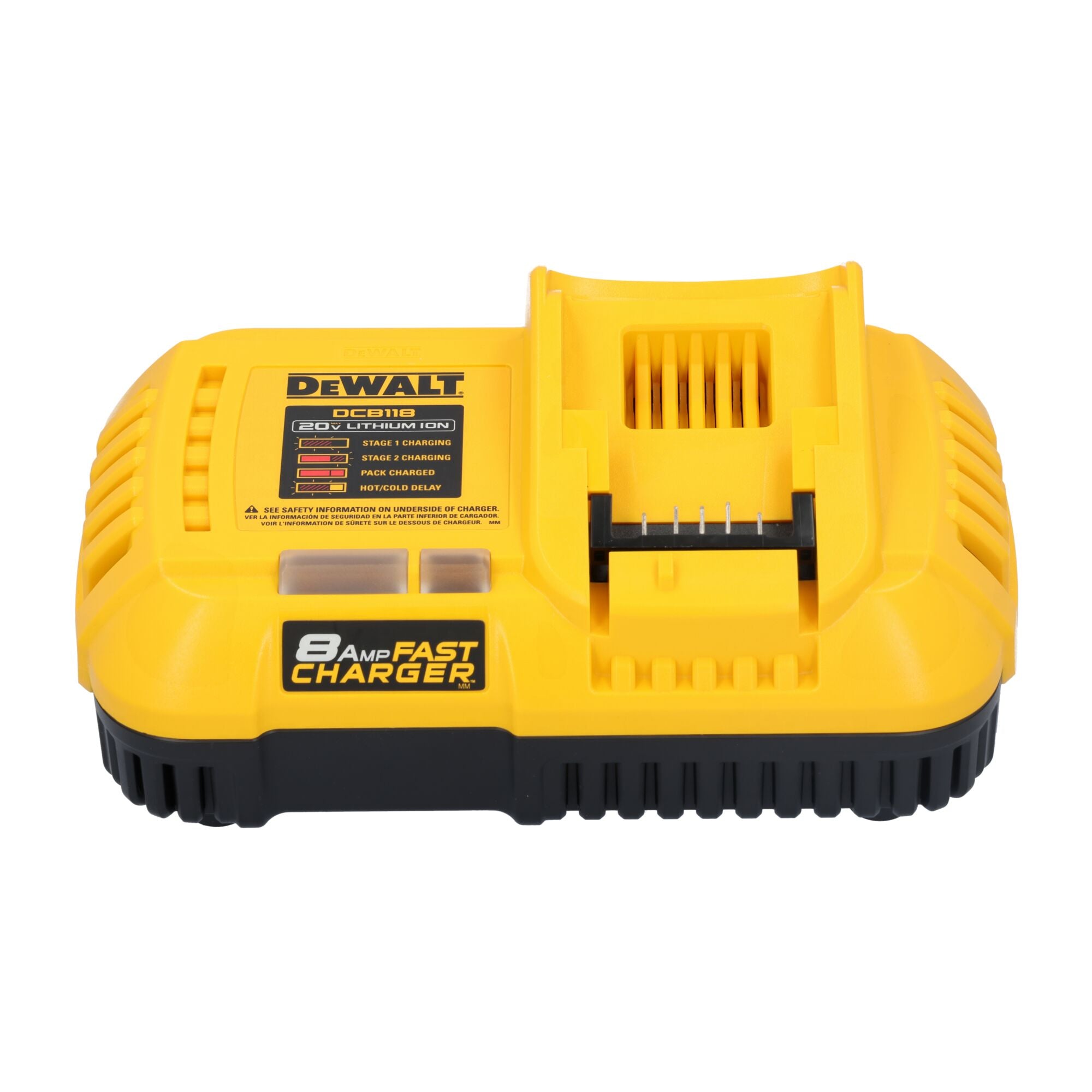 Front view of the DEWALT DCB118 8 Amp Fast Charger for 20V lithium-ion batteries, showing the battery slot, charging status labels, and product branding. The charger has a yellow and black design with venting on the sides.