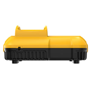 Side profile of the DEWALT DCB118 fast charger showing the compact and vented housing design. The battery slot is visible at the top, and the base includes support feet for stability.