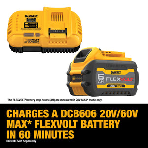DEWALT DCB118 charger alongside a DCB606 20V/60V MAX* FLEXVOLT 6Ah battery. Text indicates the battery charges in 60 minutes. Emphasizes battery compatibility and fast charging time.
