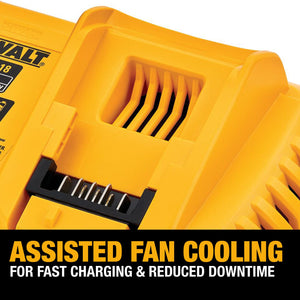 Close-up of the DEWALT DCB118 charger's assisted fan cooling vents and battery terminals. Overlay text promotes fast charging and reduced downtime through fan-assisted thermal management.