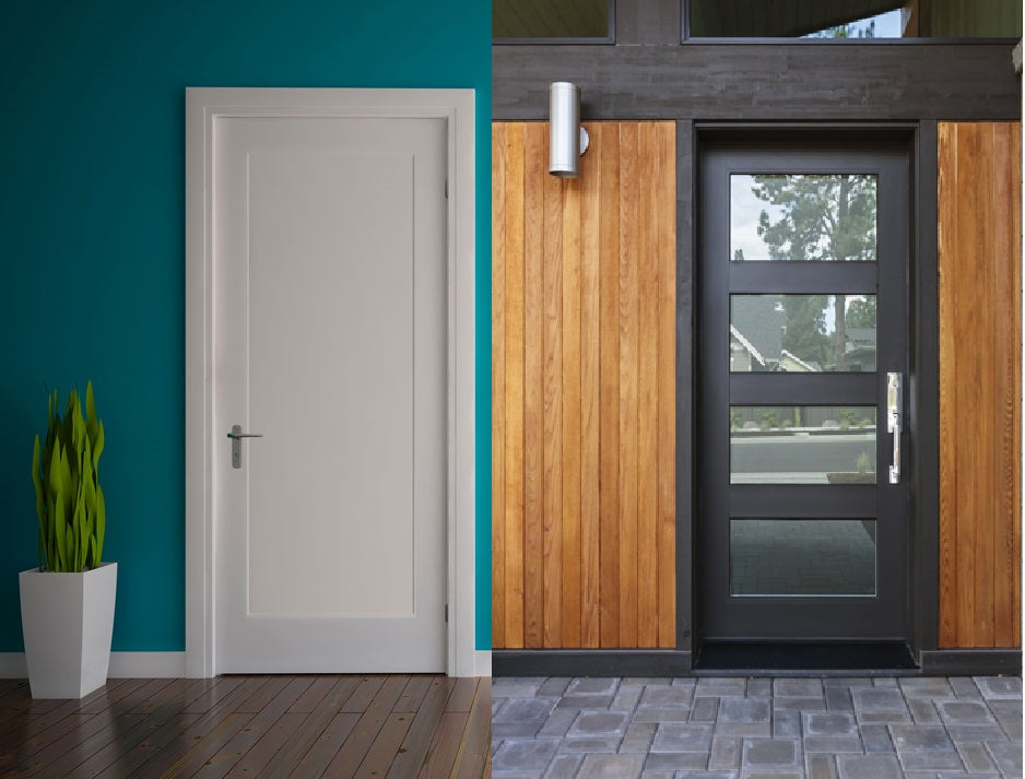Split image: On the left, a white interior door with a silver handle against a teal wall and wooden floor, next to a green plant in a white pot. On the right, a black modern exterior door with glass panels, set in wood siding.