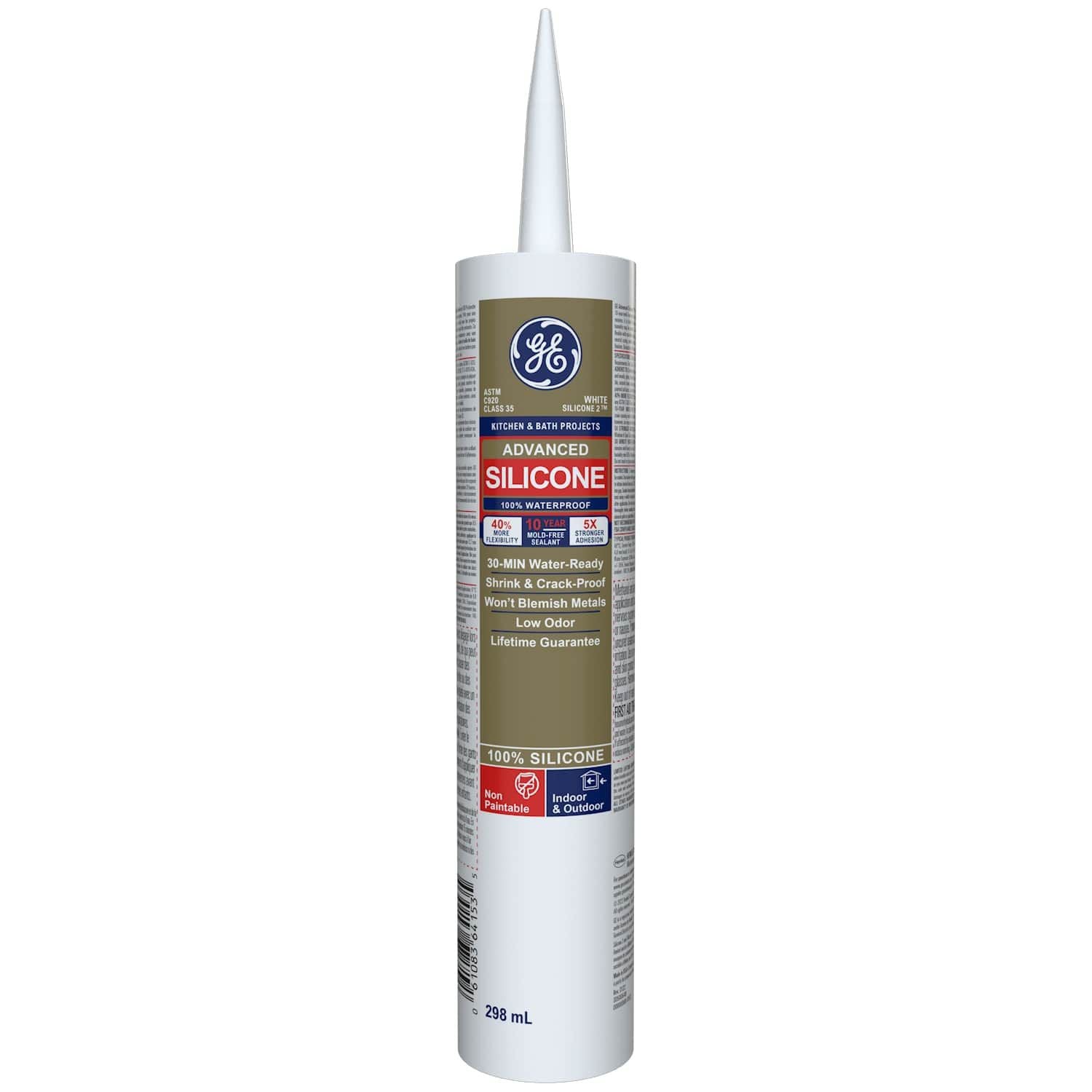 Silicone sealant tube with GE logo on a white background