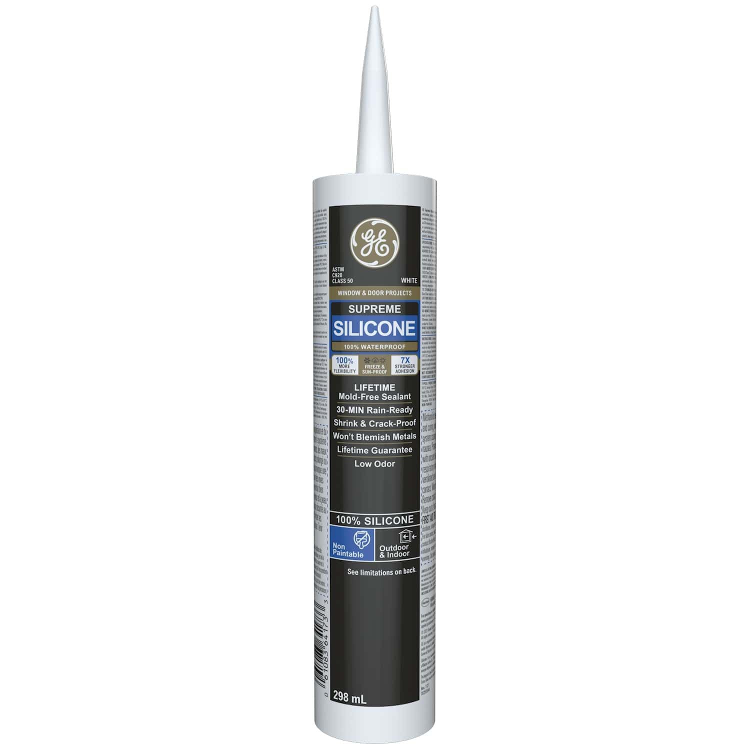 Tube of General Electric Supreme Silicone sealant on a white background