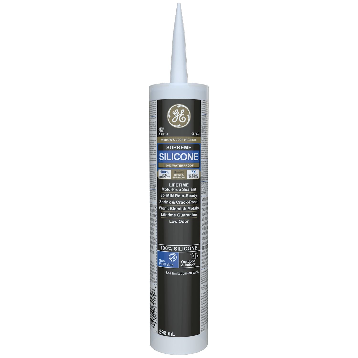 Tube of GE Supreme Silicone sealant on a white background