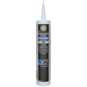Tube of GE Supreme Silicone sealant on a white background