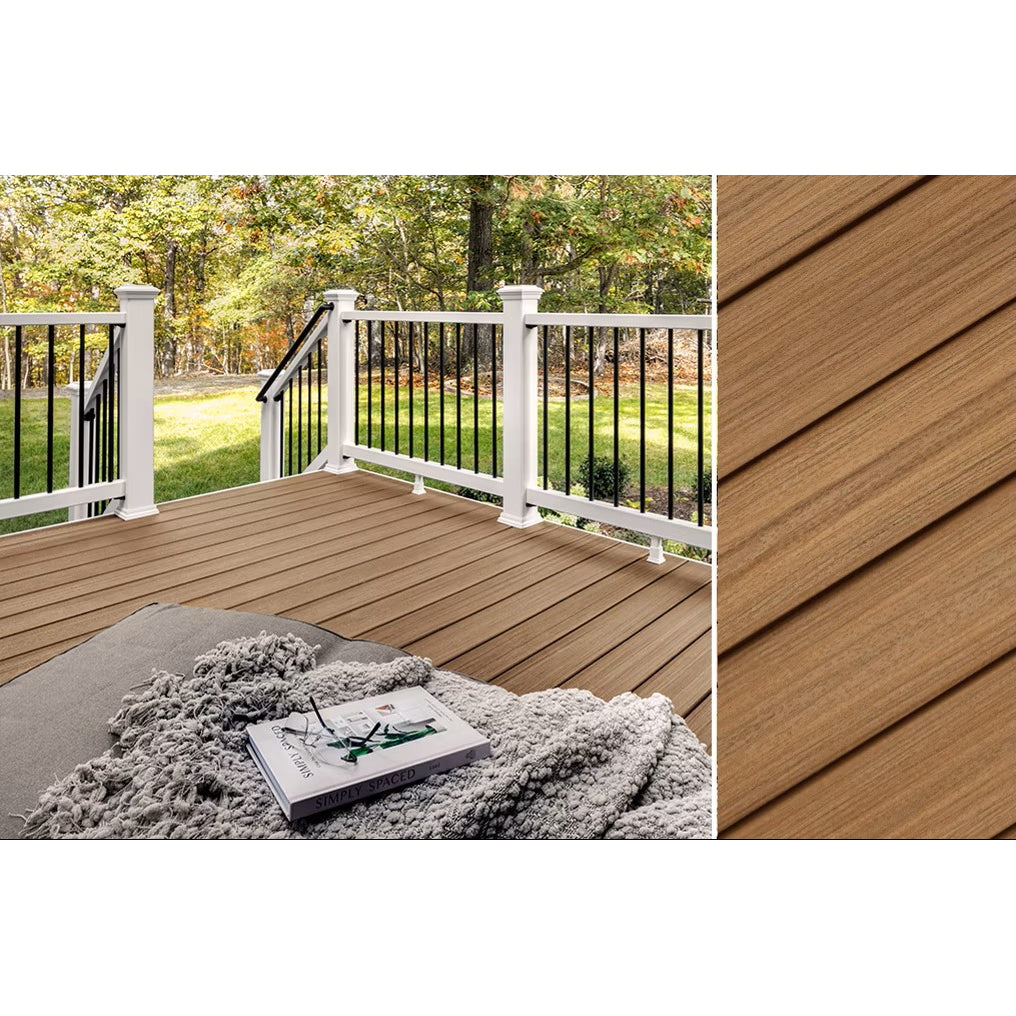 A cozy deck showcases low-maintenance Trex 1" x 12" x 12' Enhance Naturals, Golden Hour boards with white railings and black balusters. A close-up reveals the textured plank pattern, set against a backdrop of trees and grass.