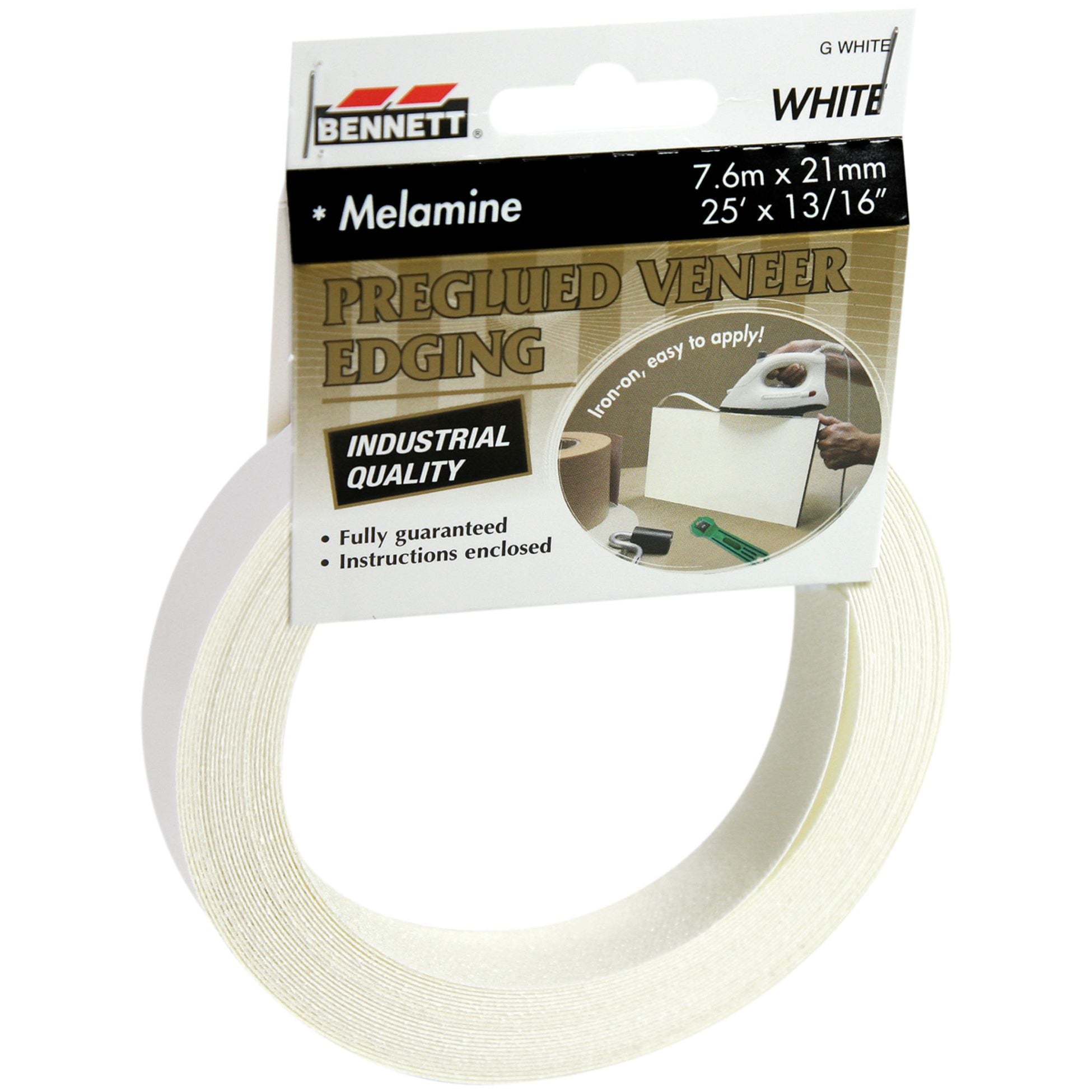 A roll of 7/8″ x 25′ White Melamine Veneer Edgebanding in packaging that includes instructions and an illustration of it being applied with an iron-on veneer edging method.