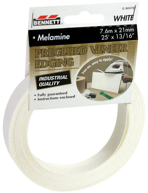 A roll of 7/8″ x 25′ White Melamine Veneer Edgebanding in packaging that includes instructions and an illustration of it being applied with an iron-on veneer edging method.