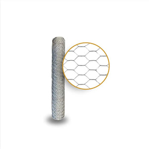 A rolled-up Nuvo Iron 1"x2'x25' Welded Wire Fence Mesh is displayed on a white background, with a circular inset showing its welded wire pattern—ideal for garden fencing projects.