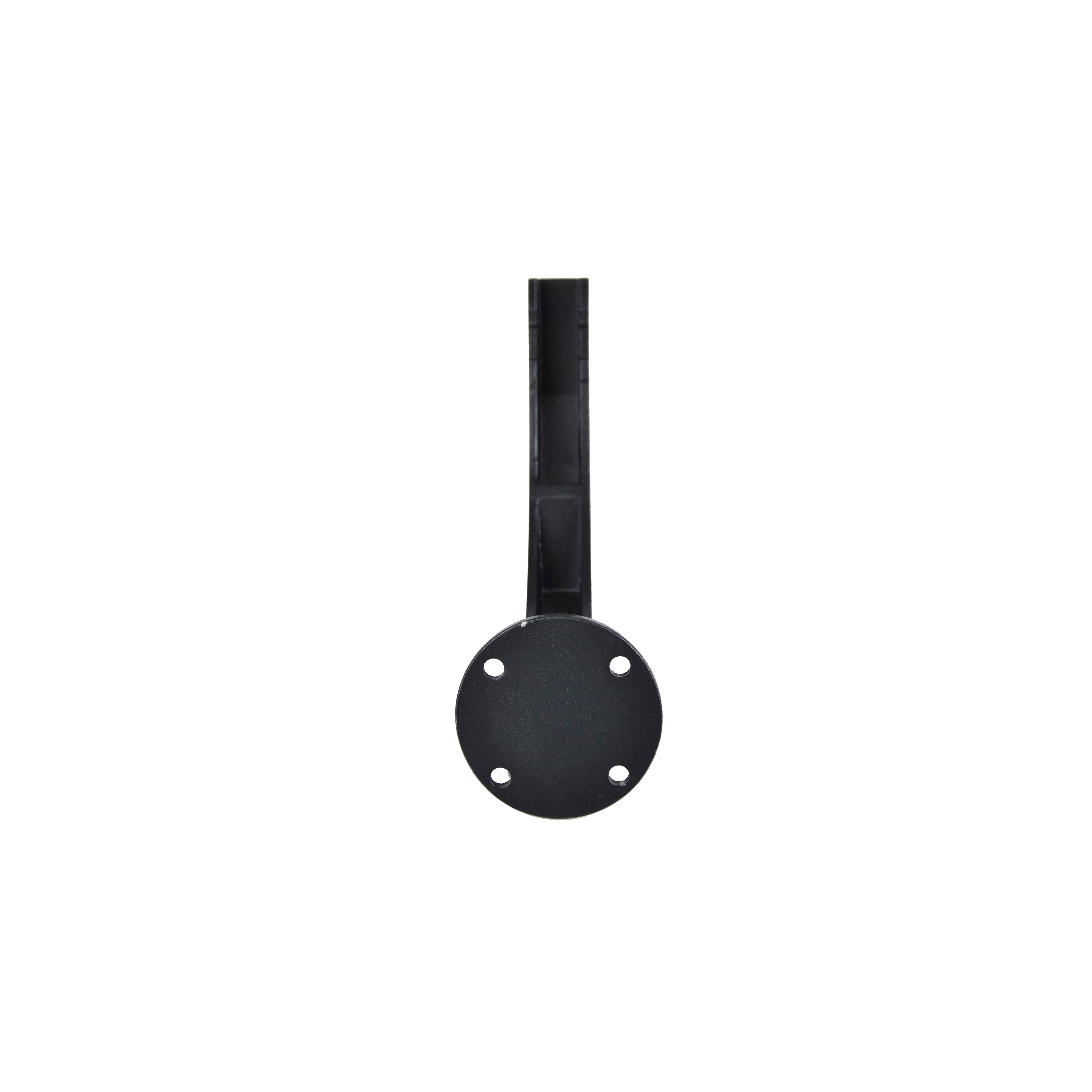The Regal Rail Hand Rail Bracket by Regal Rail features a textured black finish and round base with four holes, shown from above on a white background—perfect for aluminum railing systems with superior corrosion resistance.