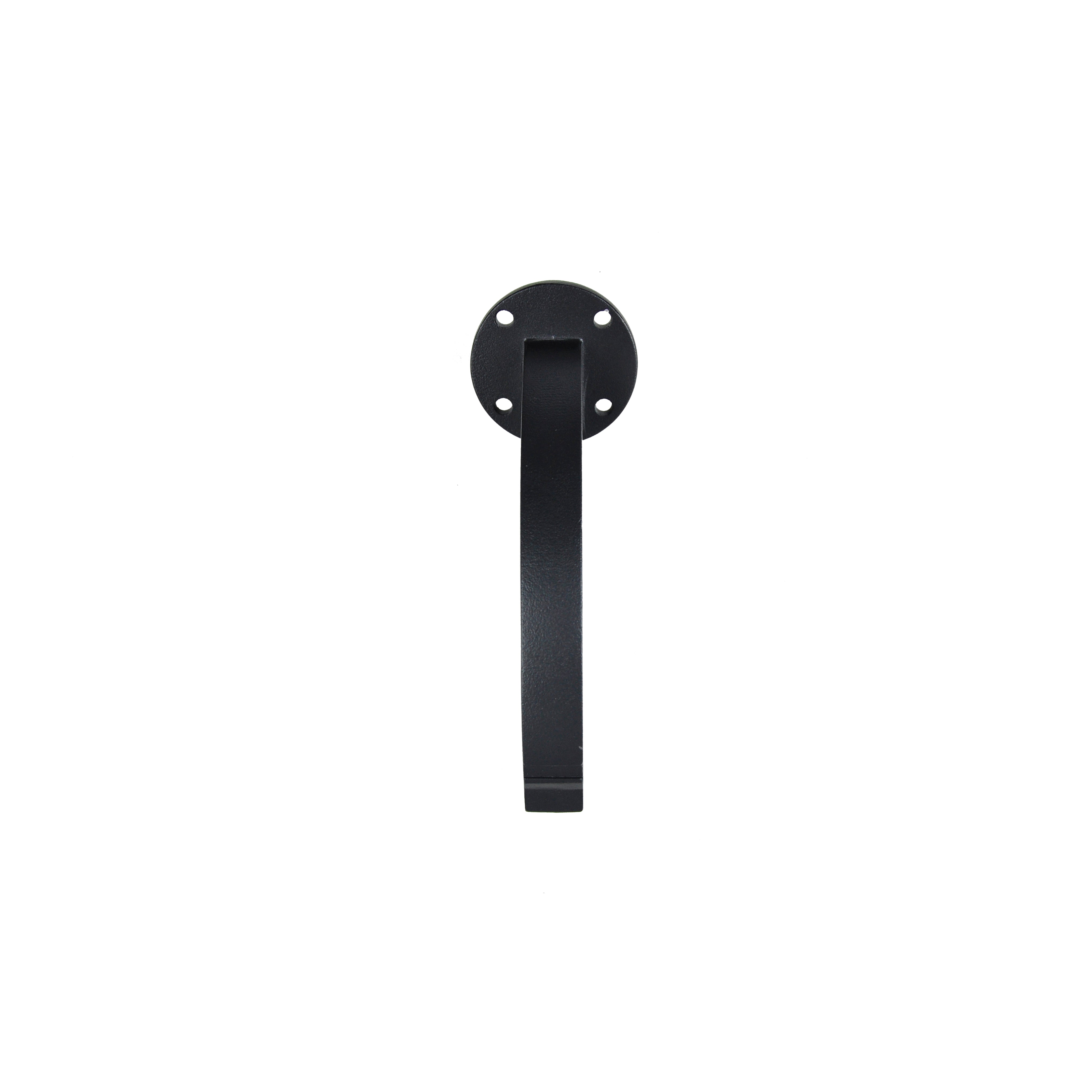 The Regal Rail Hand Rail Bracket by Regal Rail features a textured black finish and an oval base with four screw holes, photographed on a white background. Designed for aluminum railing systems, it extends straight down from the base.