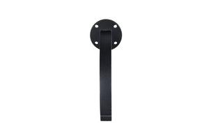 The Regal Rail Hand Rail Bracket by Regal Rail features a textured black finish and an oval base with four screw holes, photographed on a white background. Designed for aluminum railing systems, it extends straight down from the base.
