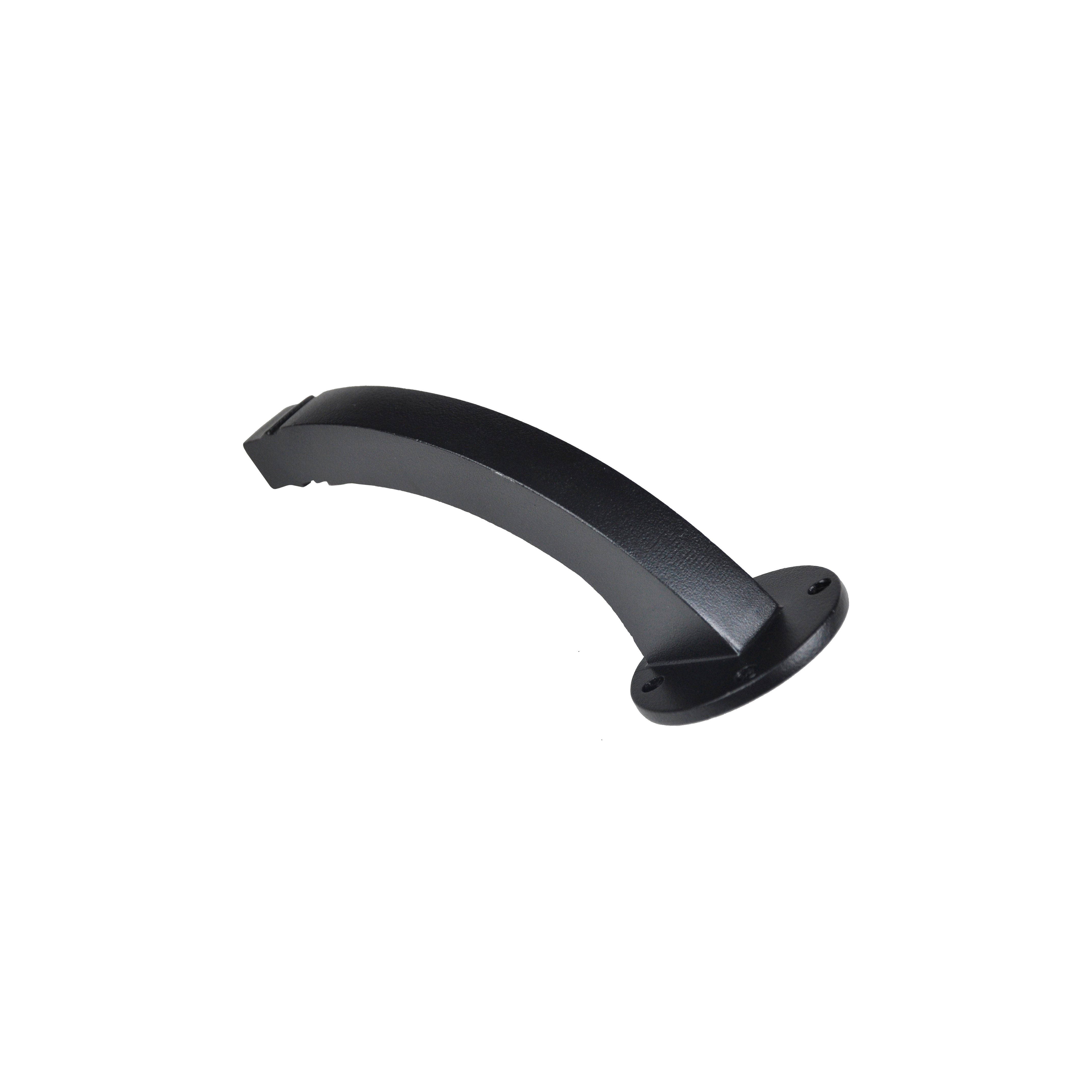 The Regal Rail Hand Rail Bracket by Regal Rail is a curved textured black metal handle with flat mounting plates and four screw holes. Ideal for aluminum railing systems, it offers corrosion resistance and is shown against a white background.