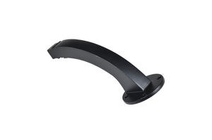 The Regal Rail Hand Rail Bracket by Regal Rail is a curved textured black metal handle with flat mounting plates and four screw holes. Ideal for aluminum railing systems, it offers corrosion resistance and is shown against a white background.