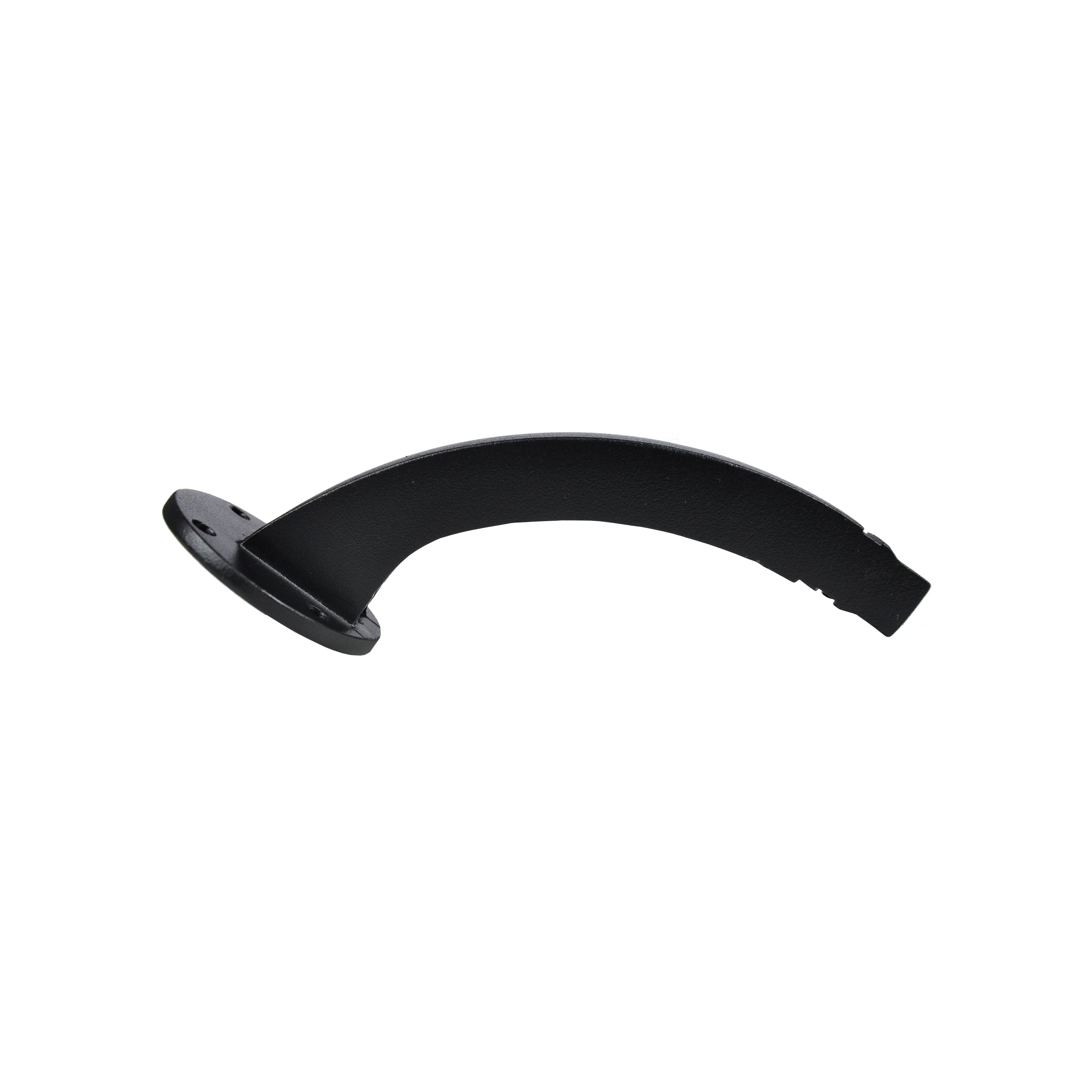 The Regal Rail Hand Rail Bracket, Textured Black by Regal Rail, features a curved metal design with a round base and notched flat edge, ideal for aluminum railing systems, shown isolated on a white background.