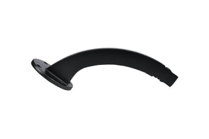 The Regal Rail Hand Rail Bracket, Textured Black by Regal Rail, features a curved metal design with a round base and notched flat edge, ideal for aluminum railing systems, shown isolated on a white background.