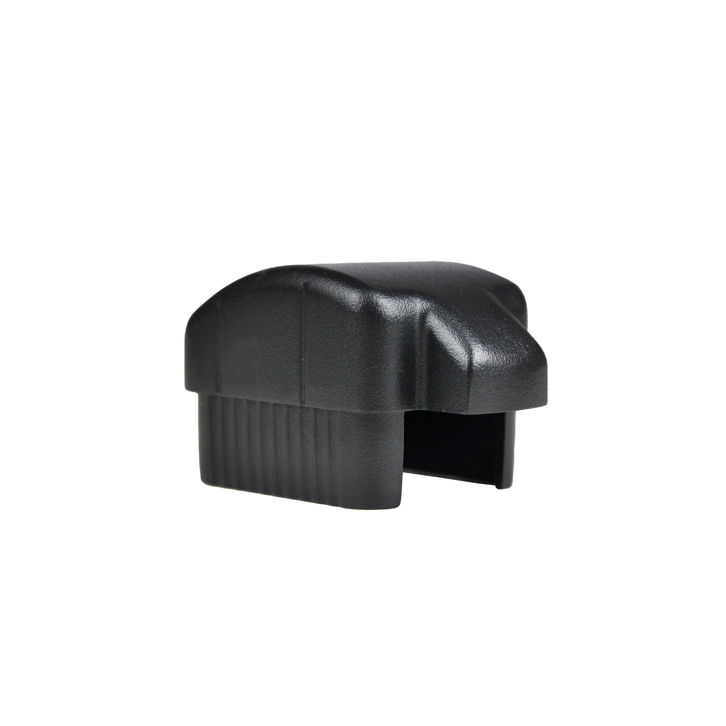 The Regal Rail Hand Rail Cap in textured black by Regal Rail is a rectangular plastic end cap for Aluminum Railing Systems, shown against a white background.