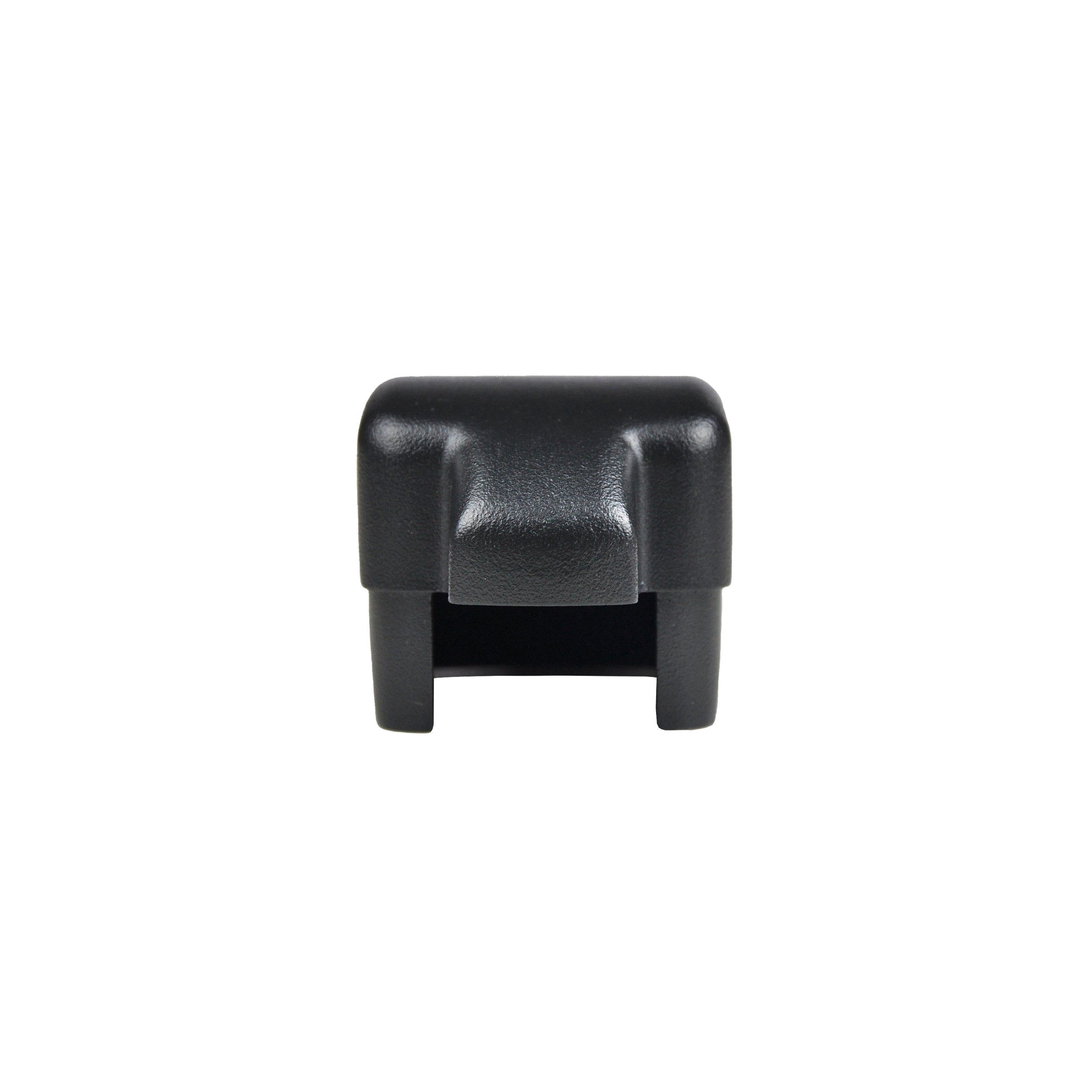 The Regal Rail Hand Rail Cap in textured black by Regal Rail is a small, rectangular end cap with two side extensions and an open bottom, designed for Aluminum Railing Systems and shown against a white background.