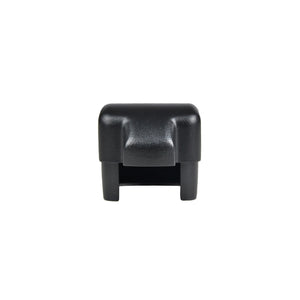 The Regal Rail Hand Rail Cap in textured black by Regal Rail is a small, rectangular end cap with two side extensions and an open bottom, designed for Aluminum Railing Systems and shown against a white background.