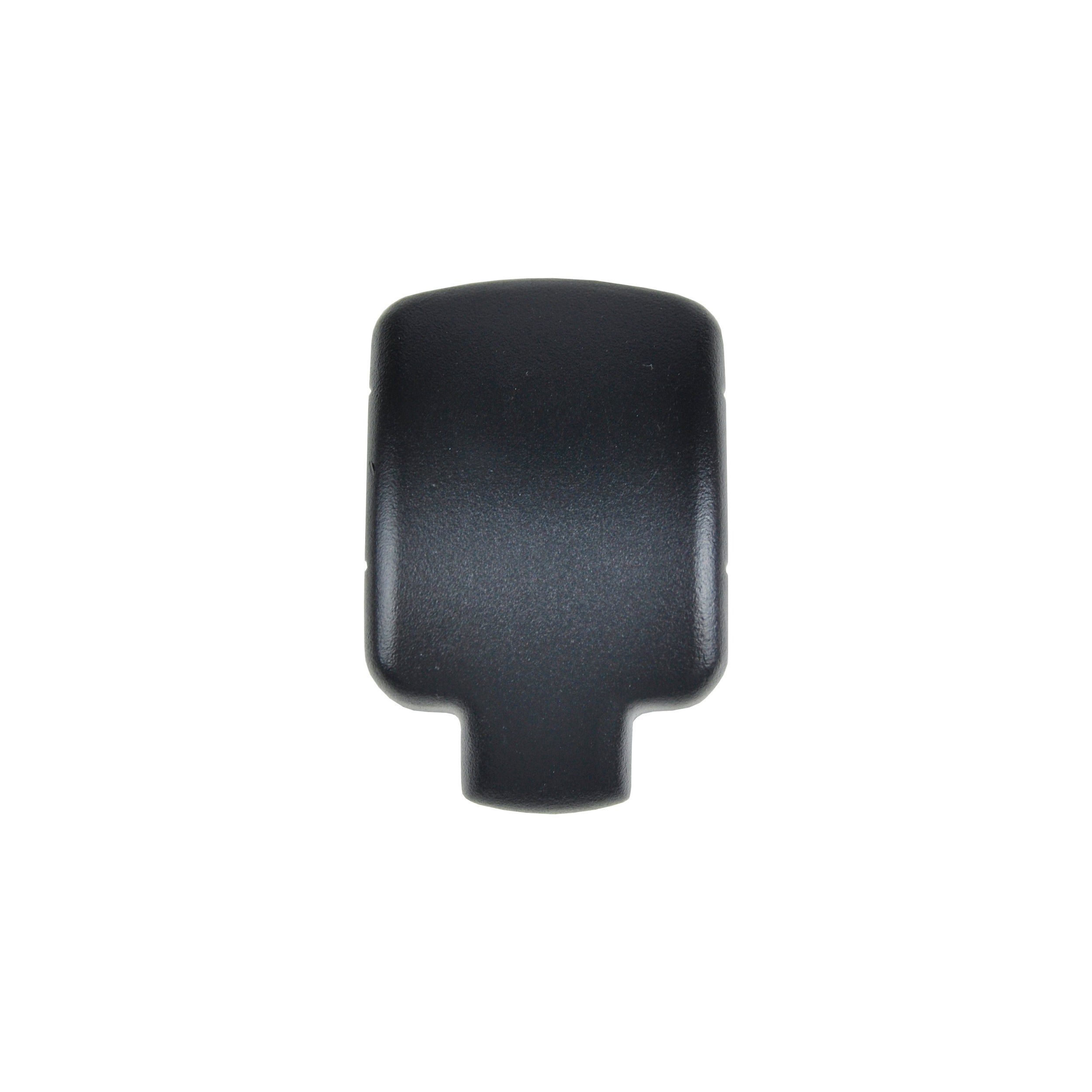 The Regal Rail Hand Rail Cap in textured black by Regal Rail is a rectangular end cap with rounded edges and a small lower extension, designed for Aluminum Railing Systems, shown against a white background.