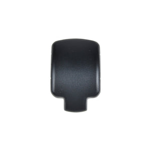 The Regal Rail Hand Rail Cap in textured black by Regal Rail is a rectangular end cap with rounded edges and a small lower extension, designed for Aluminum Railing Systems, shown against a white background.