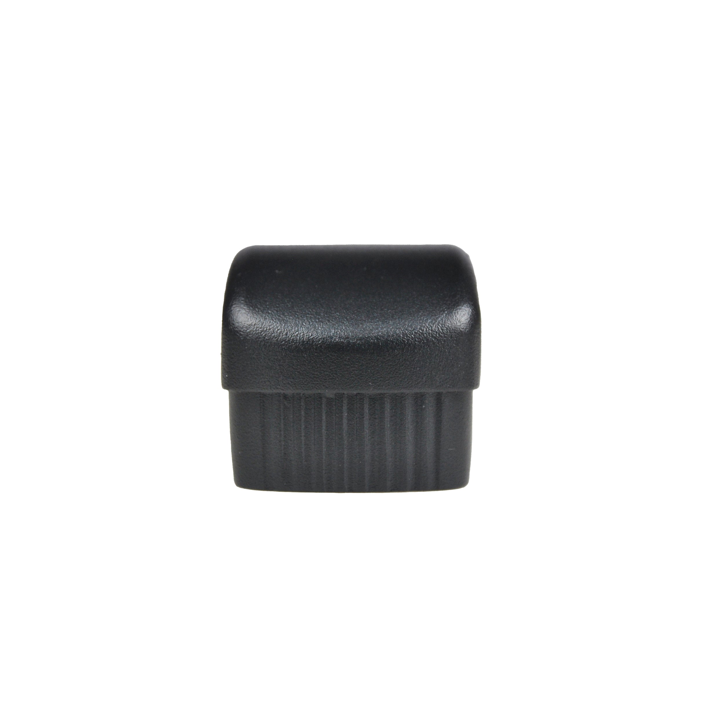 A Regal Rail Hand Rail Cap in textured black, featuring a small rectangular shape with a slightly rounded top and vertical side ridges, is designed for aluminum railing systems and positioned against a plain white background.