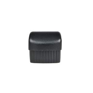 A Regal Rail Hand Rail Cap in textured black, featuring a small rectangular shape with a slightly rounded top and vertical side ridges, is designed for aluminum railing systems and positioned against a plain white background.