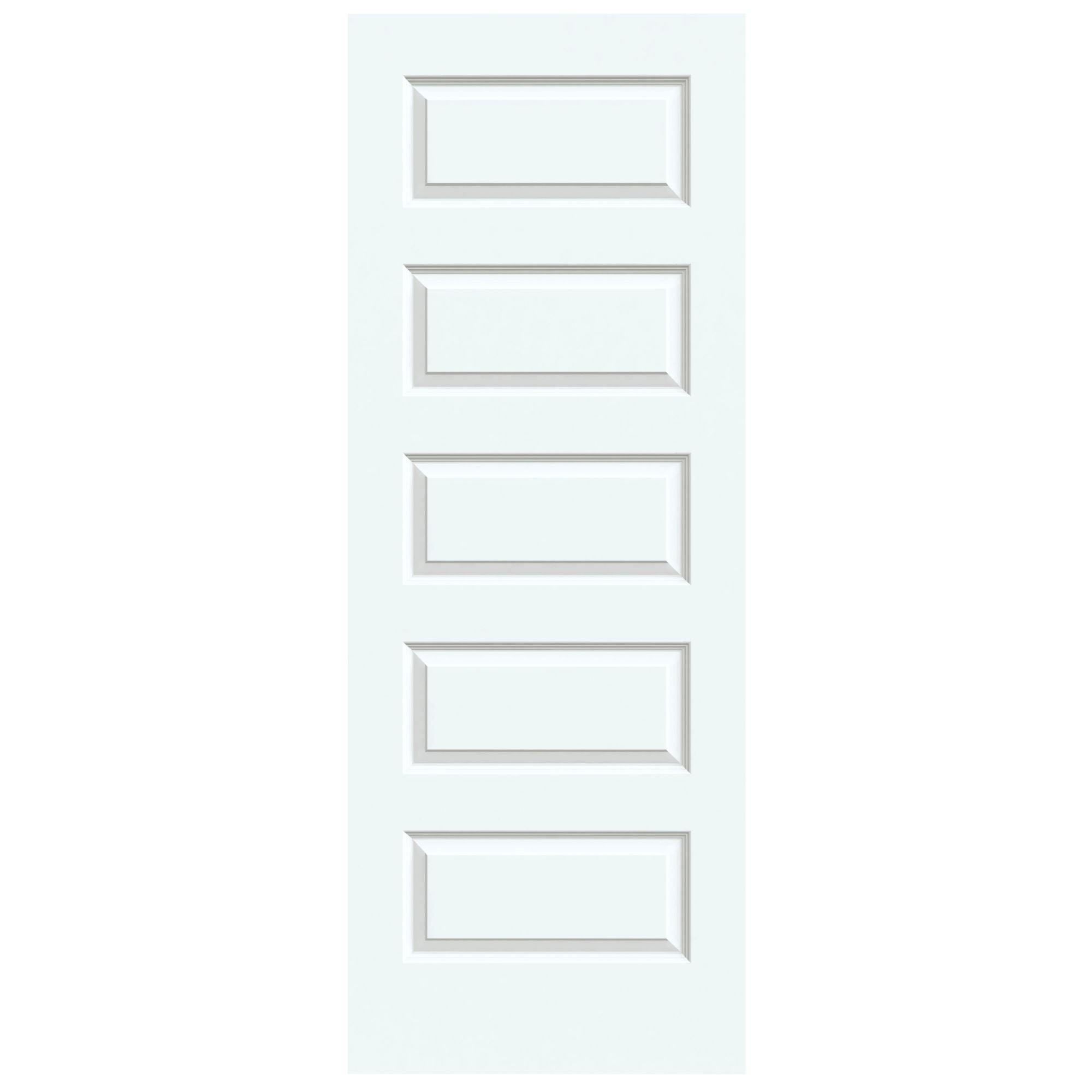 The Jeld-Wen Rockport 5-Panel Smooth Slab (12" x 80" x 1-3/8") is a white interior door featuring five vertically stacked rectangular panels with beveled edges, combining modern style and durability.