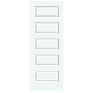 The Jeld-Wen Rockport 5-Panel Smooth Slab (12" x 80" x 1-3/8") is a white interior door featuring five vertically stacked rectangular panels with beveled edges, combining modern style and durability.
