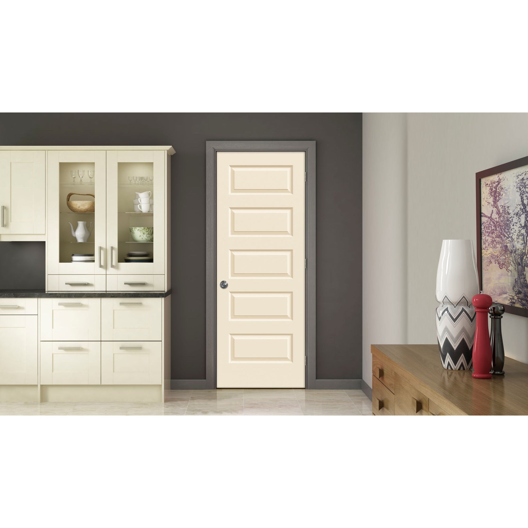 A modern kitchen features cream cabinets, a Jeld-Wen 12"x80"x1-3/8" Rockport 5-Panel Smooth Slab door, a dark gray wall, and a side table displaying decorative vases, a framed picture, and a red pepper grinder.