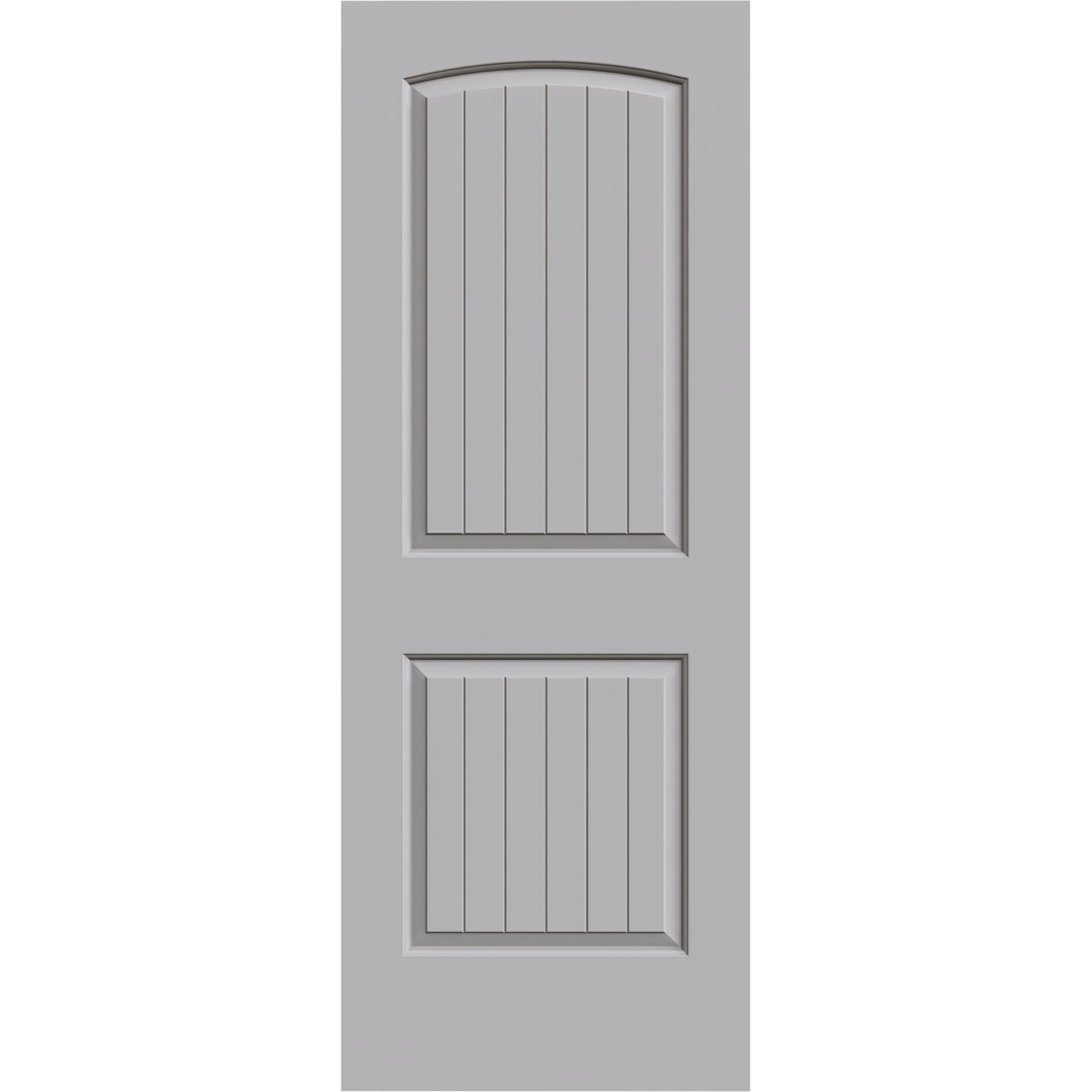The Jeld-Wen 12" x 80" x 1-3/8" Santa Fe 2-Panel slab features a tall arched top panel and square bottom panel, both with vertical grooves for added detail.
