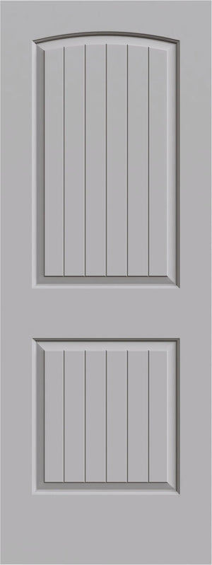 The Jeld-Wen 12" x 80" x 1-3/8" Santa Fe 2-Panel slab features a tall arched top panel and square bottom panel, both with vertical grooves for added detail.