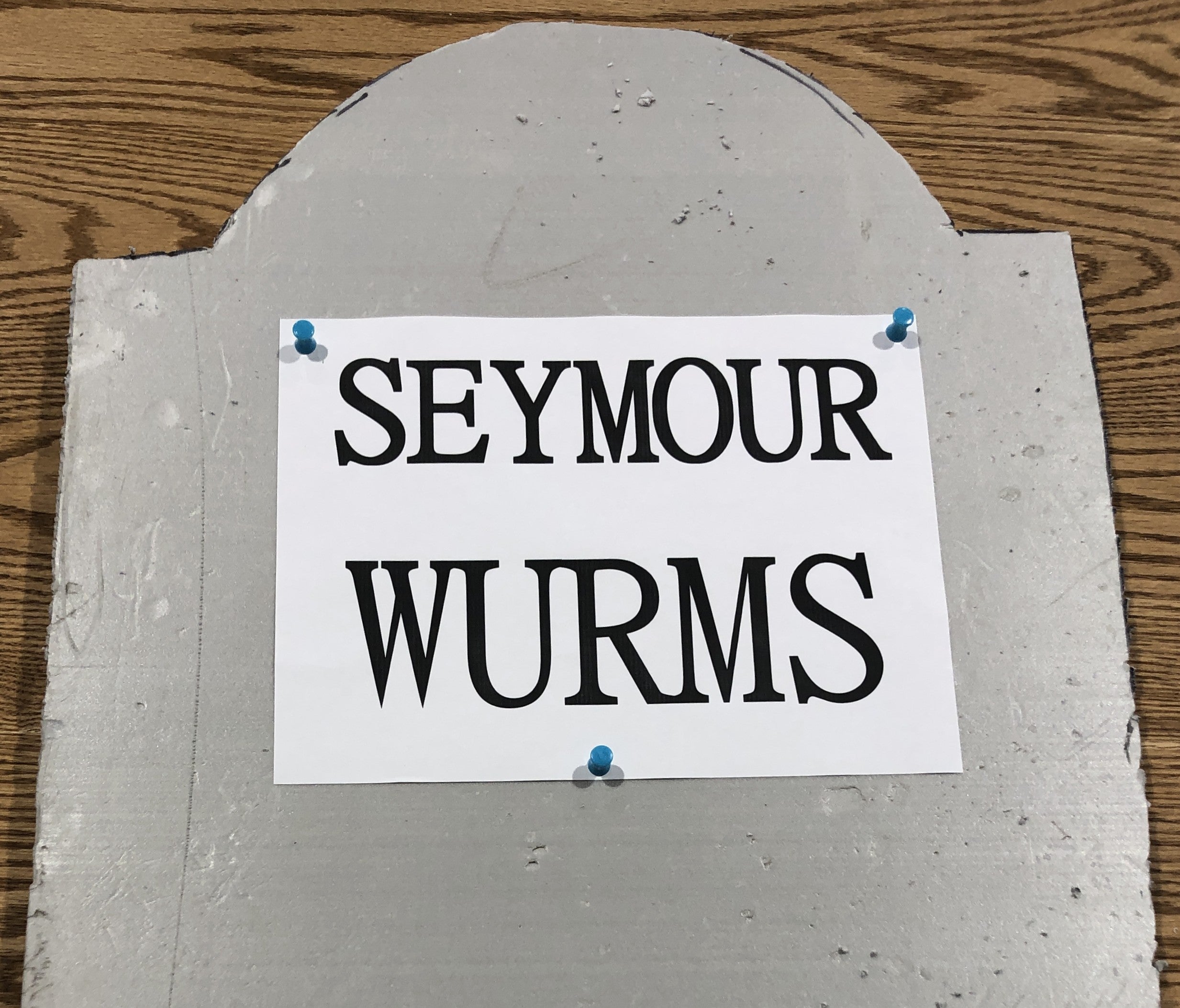 Cardboard box with a sign reading 'SEYMOUR WURMS' on a wooden surface