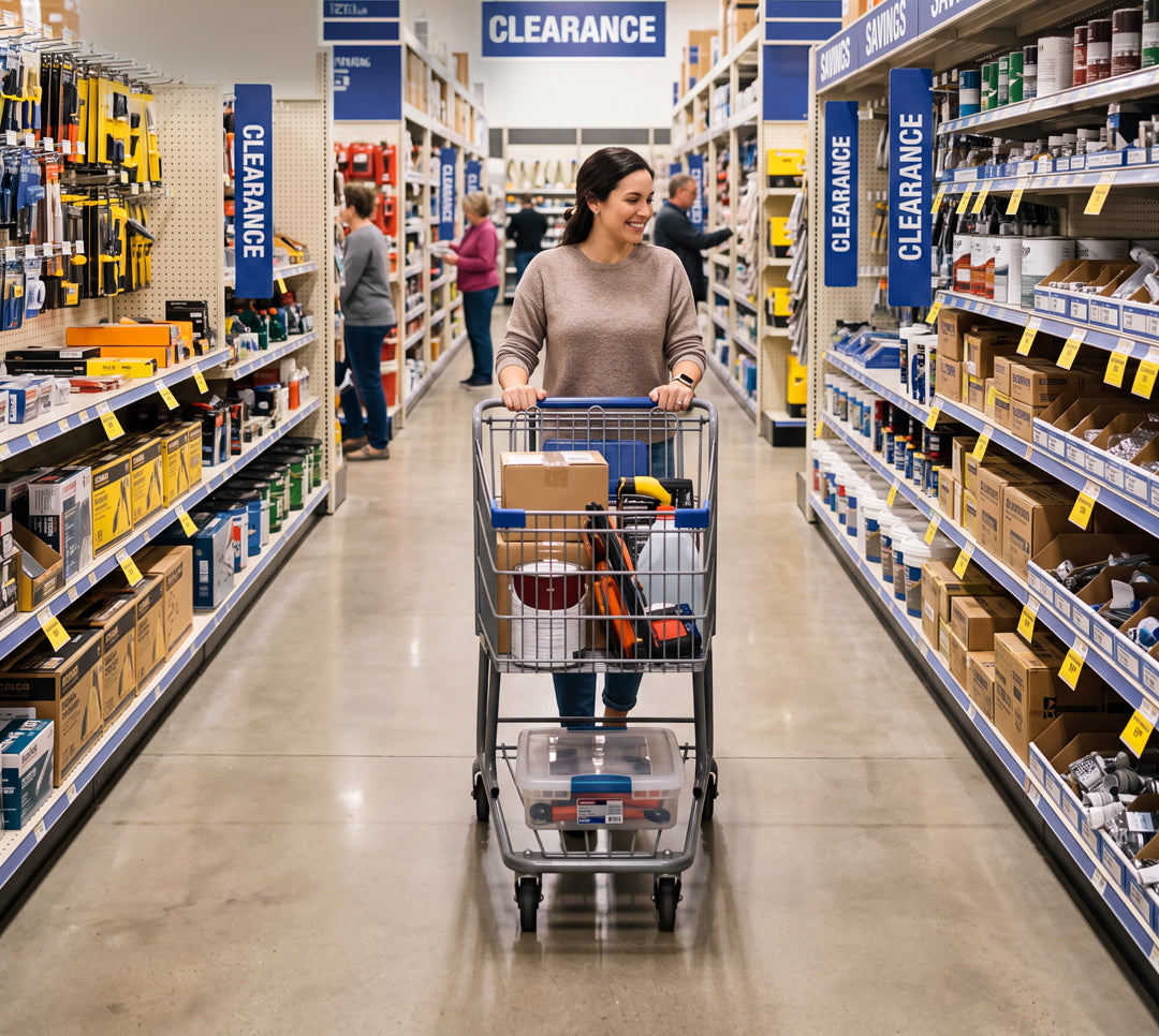 A woman pushes a shopping cart down a store aisle lined with shelves of household and hardware products. Clearance signs are visible overhead, and other shoppers are present in the background.