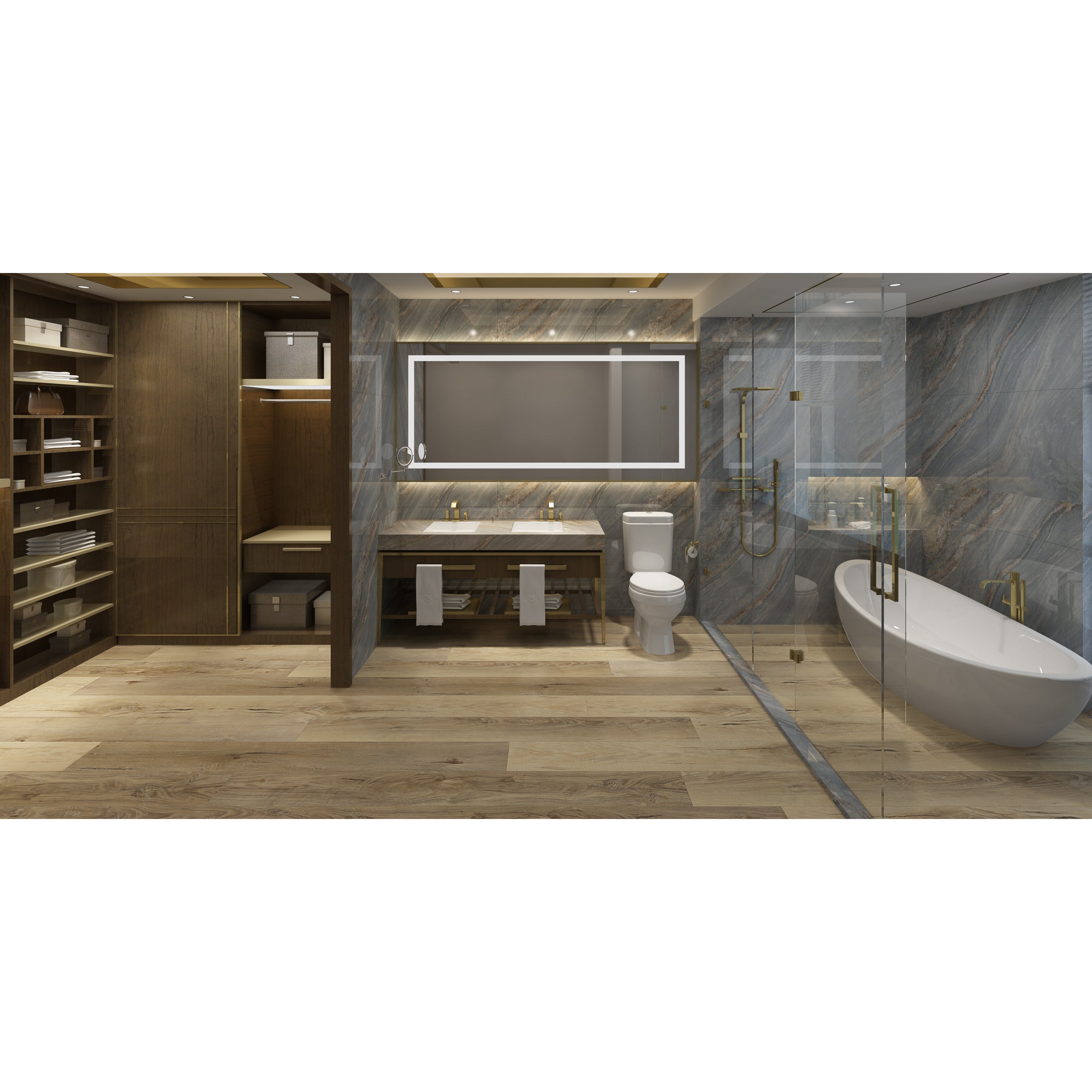 Modern bathroom with EasyStreet LVP 5MM Flooring by Taiga Building Products Ltd, open shelving, double sink vanity with large mirror, toilet, freestanding bathtub, glass-enclosed shower with gold fixtures, and luxurious marble walls.