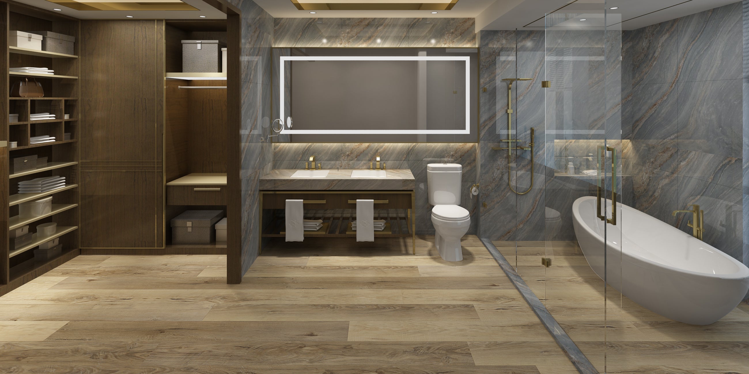 Modern bathroom with EasyStreet LVP 5MM Flooring by Taiga Building Products Ltd, open shelving, double sink vanity with large mirror, toilet, freestanding bathtub, glass-enclosed shower with gold fixtures, and luxurious marble walls.