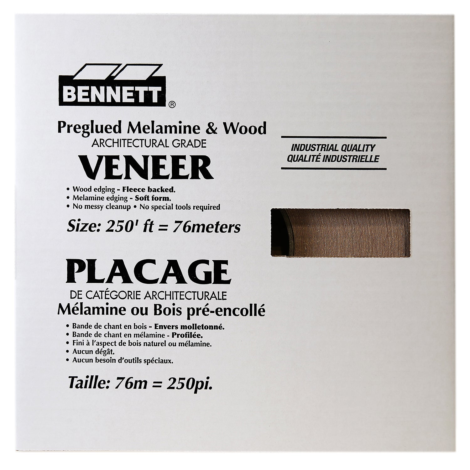 A roll of 7/8″ x 250′ Maple Veneer Edgebanding from Bennett Tools Canada in a white cardboard display box with product specifications in English and French.