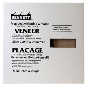 A roll of 7/8″ x 250′ Maple Veneer Edgebanding from Bennett Tools Canada in a white cardboard display box with product specifications in English and French.