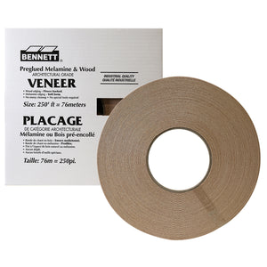 A roll of 7/8″ x 250′ Maple Veneer Edgebanding from Bennett Tools Canada sitting in front of its product box.