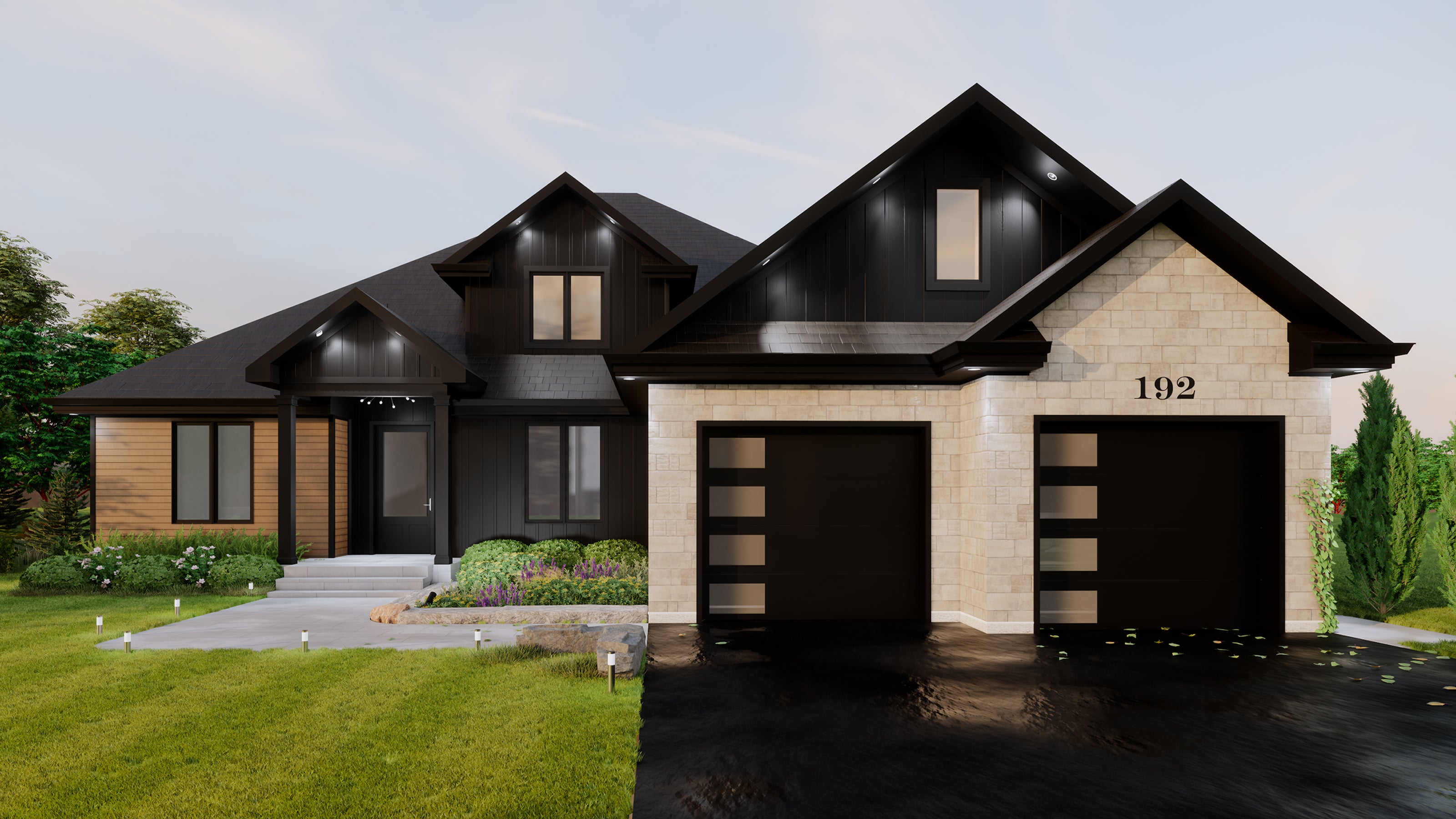 Modern house with black and beige exterior, well-maintained lawn, and clear sky.