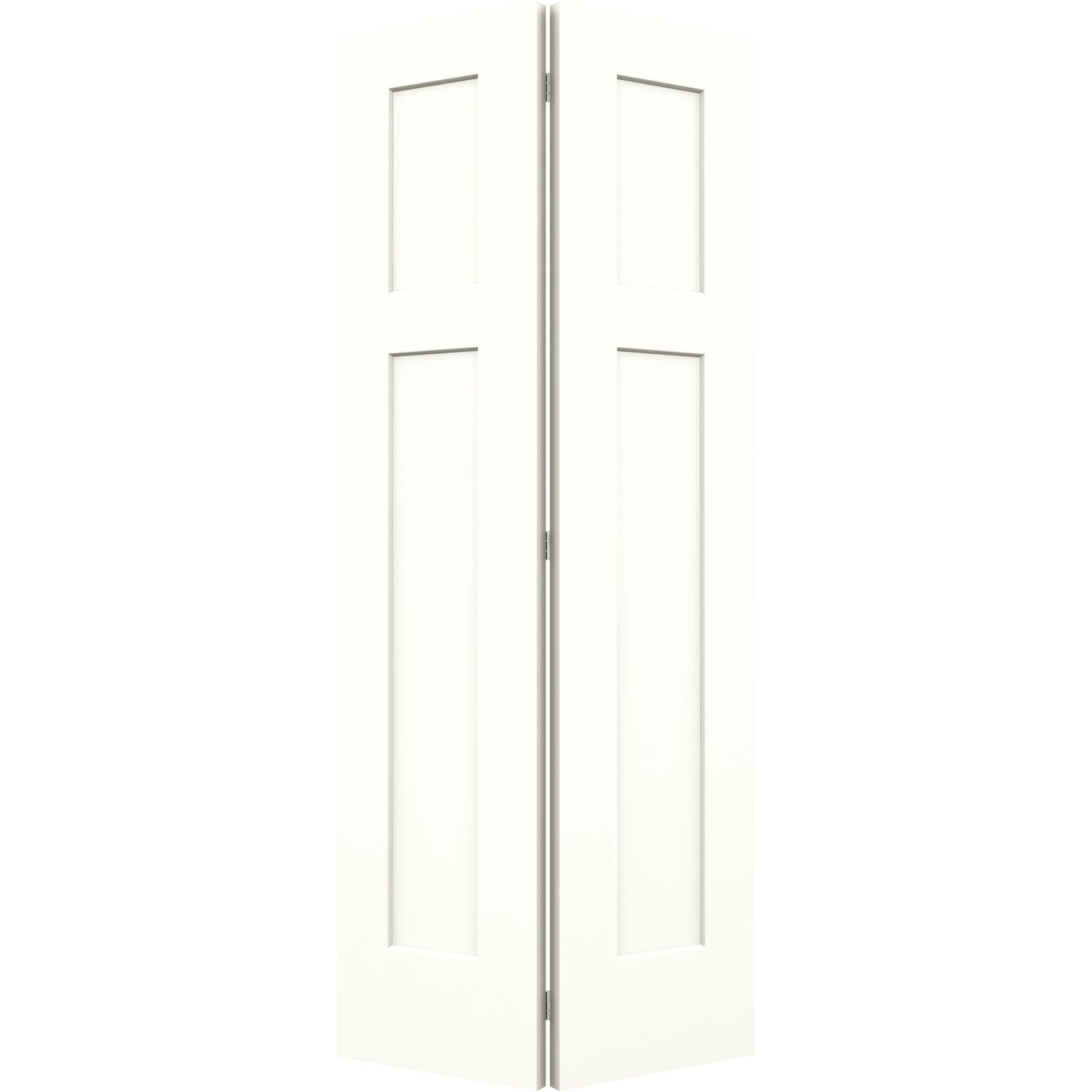 A white 24"x80"x1-3/8" Craftsman 3-panel recessed bifold door by Jeld-Wen is partially open, displaying its central hinge and simple rectangular recessed panels for a timeless appearance.