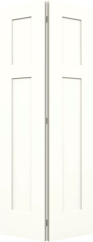 A white 24"x80"x1-3/8" Craftsman 3-panel recessed bifold door by Jeld-Wen is partially open, displaying its central hinge and simple rectangular recessed panels for a timeless appearance.