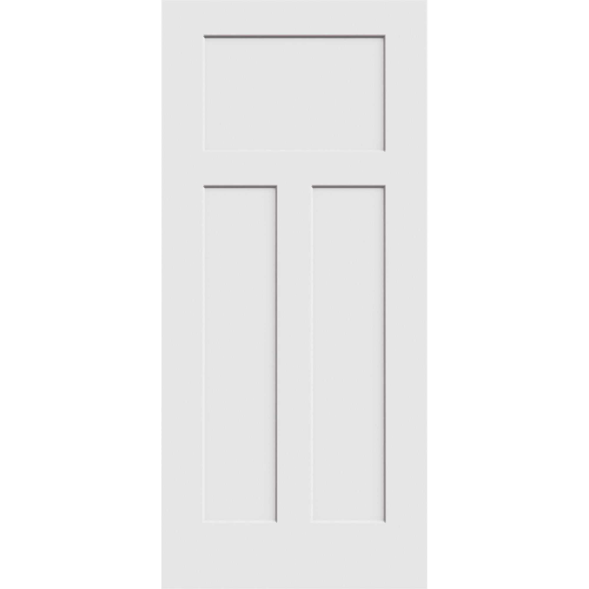 The Jeld-Wen 12"X80"X1-3/8" Craftsman 3-Panel Recessed Slab features three rectangular panels—one horizontal above two vertical—offering a customizable blend of classic and modern design.