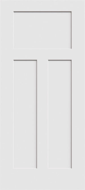 The Jeld-Wen 12"X80"X1-3/8" Craftsman 3-Panel Recessed Slab features three rectangular panels—one horizontal above two vertical—offering a customizable blend of classic and modern design.